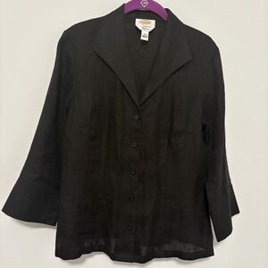 VTG Talbots Women's Irish Linen Top Size 12 Black  3/4 Sleeves Minimalist Preppy